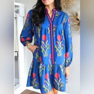 Blue Floral Tiered Mini Dress with Pink Stripe Accents